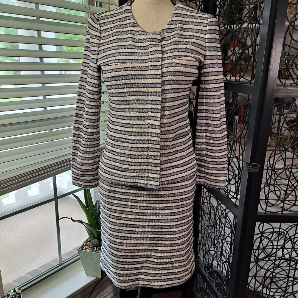 J Crew Tweed Skirt and Jacket Cream/Gray/Black Stripes
